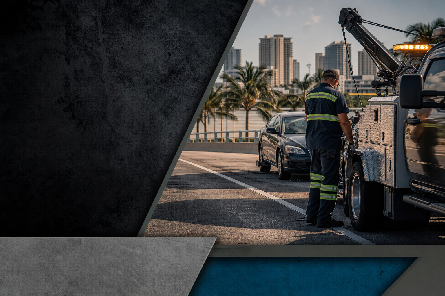 Flatbed towing equipment prepared to load a disabled passenger vehicle