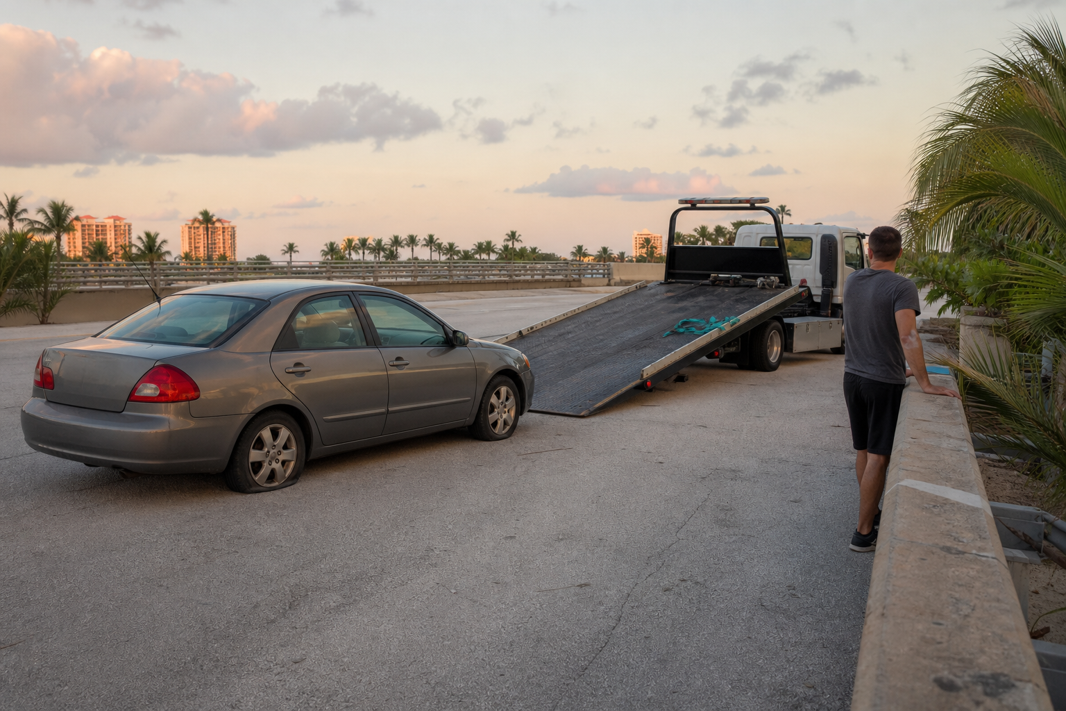 Disabled car with a low tire beside a flatbed tow truck on a hot West Palm Beach roadside
