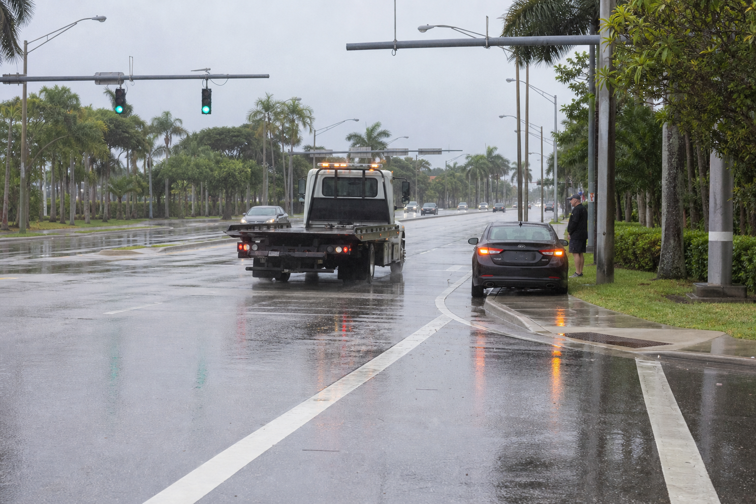 Disabled car just beyond a rain-wet signalized intersection in West Palm Beach as a flatbed tow truck approaches from the same direction
