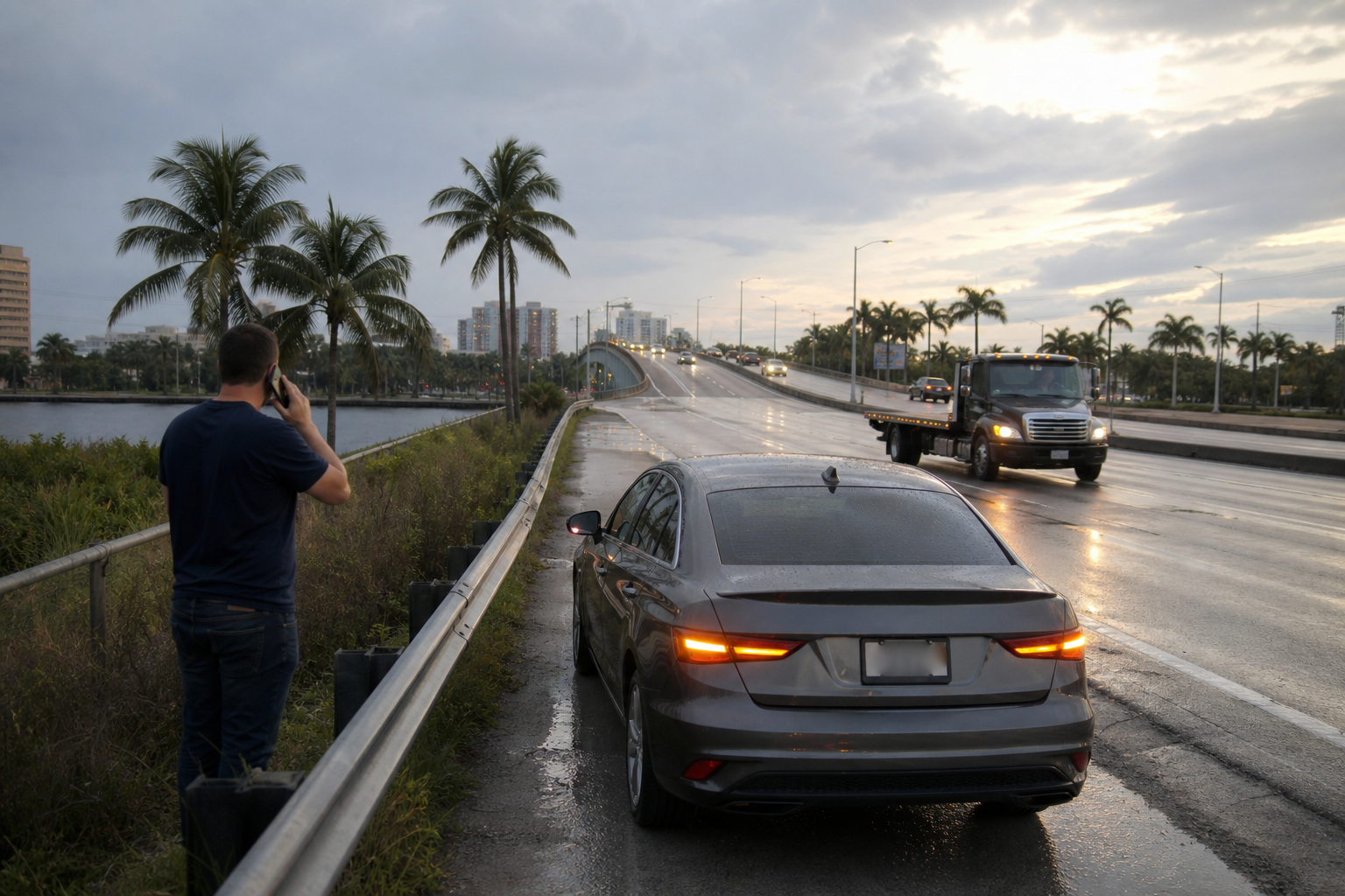 Driver stopped safely on the shoulder near a West Palm Beach bridge approach after a suspected steering or braking failure