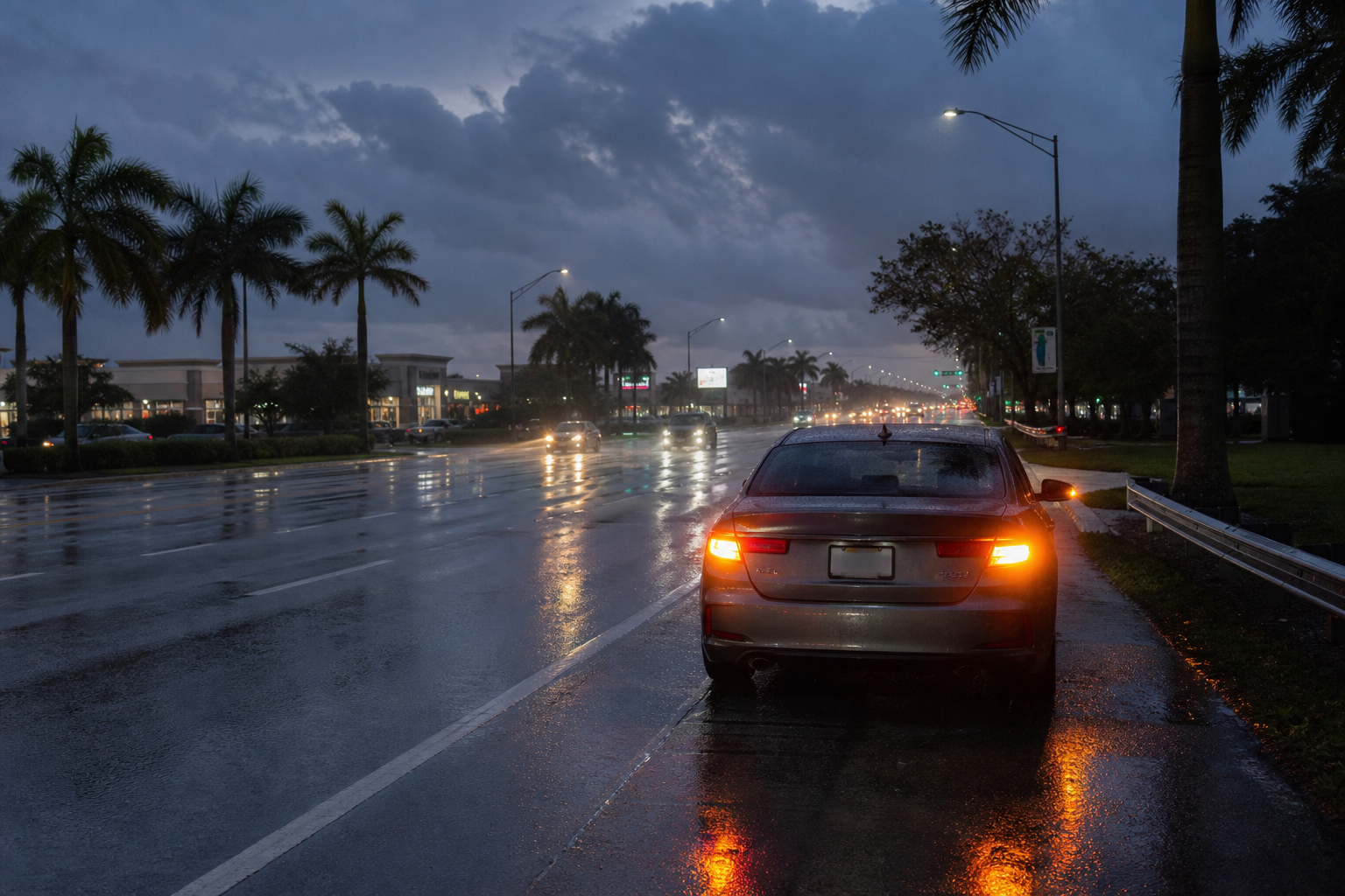 Vehicle stopped safely off a rain-soaked West Palm Beach roadway with hazard lights on during tropical rain