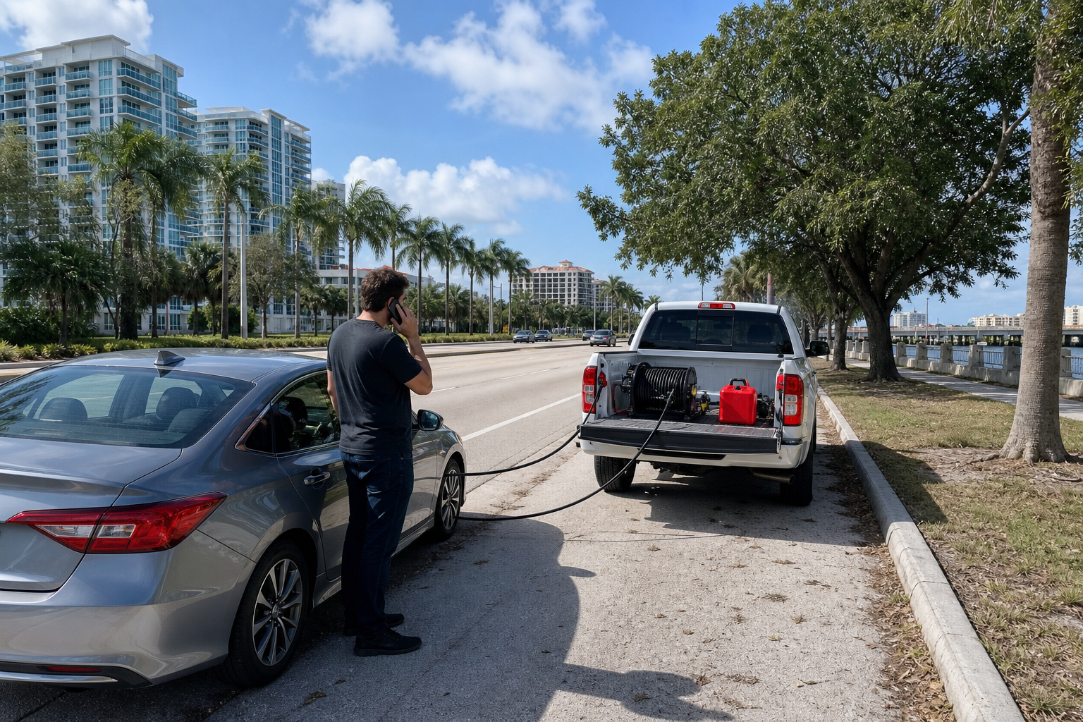 Driver parked safely off a West Palm Beach roadside while waiting for emergency fuel delivery